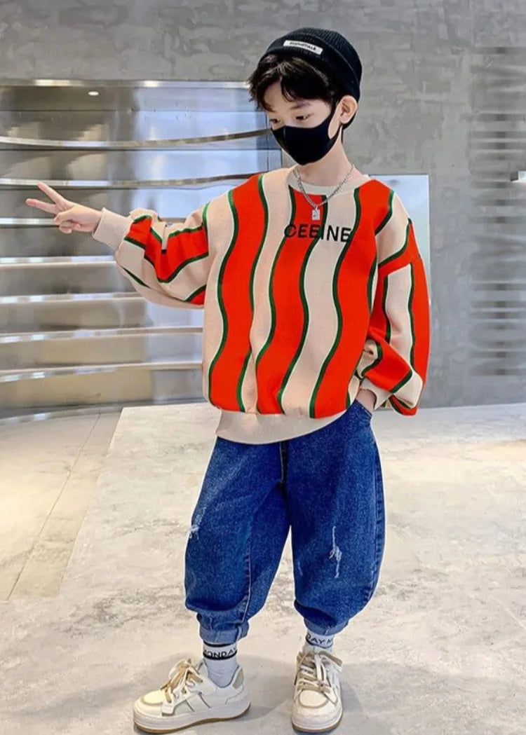 Boys' Medium-Large 2025 New Arrival No Hood Fleece-Lined Spring/Autumn Trendy Cool Kids Sweatshirt