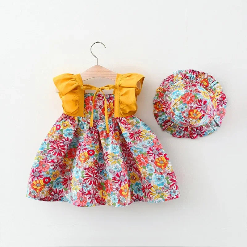 New Summer Baby Girls Dress Floral Print Full Print Sweet Princess Dress Bow Ribbon Small Flying Sleeves + Hat (0-3 Years)