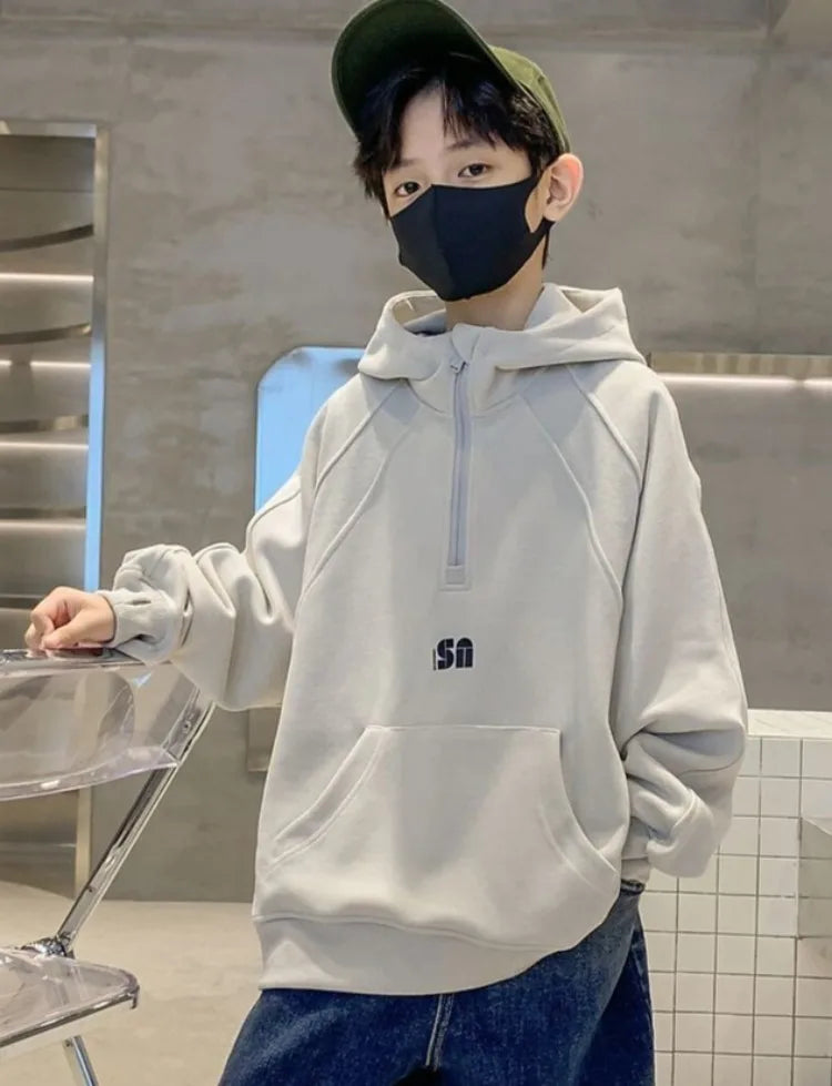 2025 New Boys' Mid-Large Spring-Autumn & Autumn-Winter Fleece-Lined Thickened Hooded Hoodie - Trendy Streetwear Boys' Top