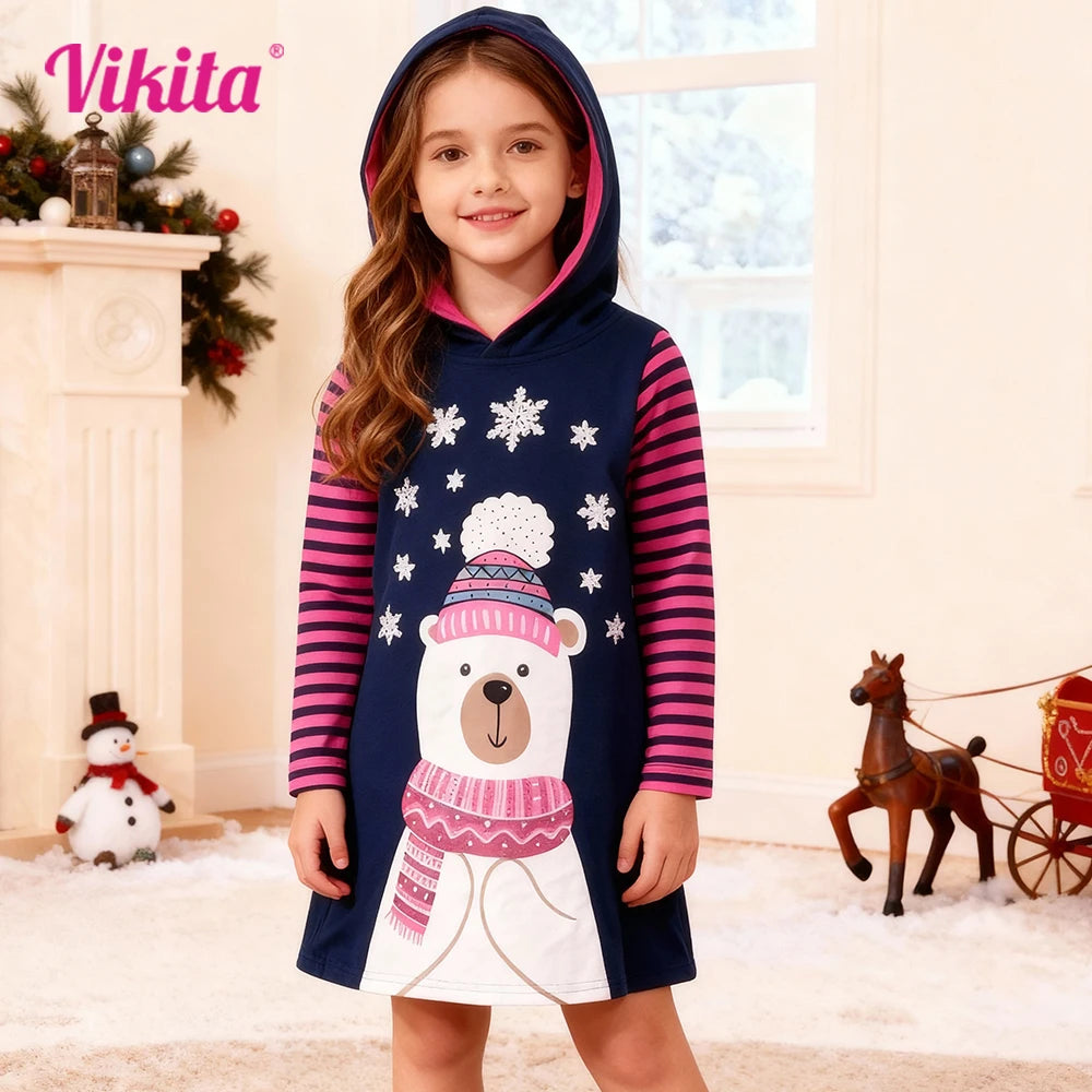 Girls Autumn Winter Hooded Dress Kids Cartoon Snowflakes Striped Straight Dresses Christmas Parties Daily Casual Cotton Dresses
