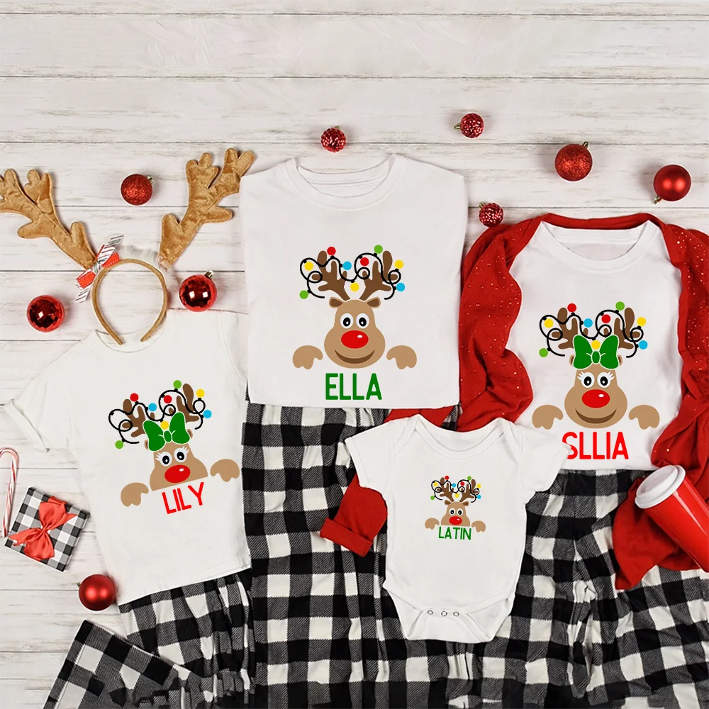 Reindeer Family Christmas Shirt Personalized Christmas Family Shirts Custom Dad Mom Kid & Baby Name Tee Xmas Gift Clothes