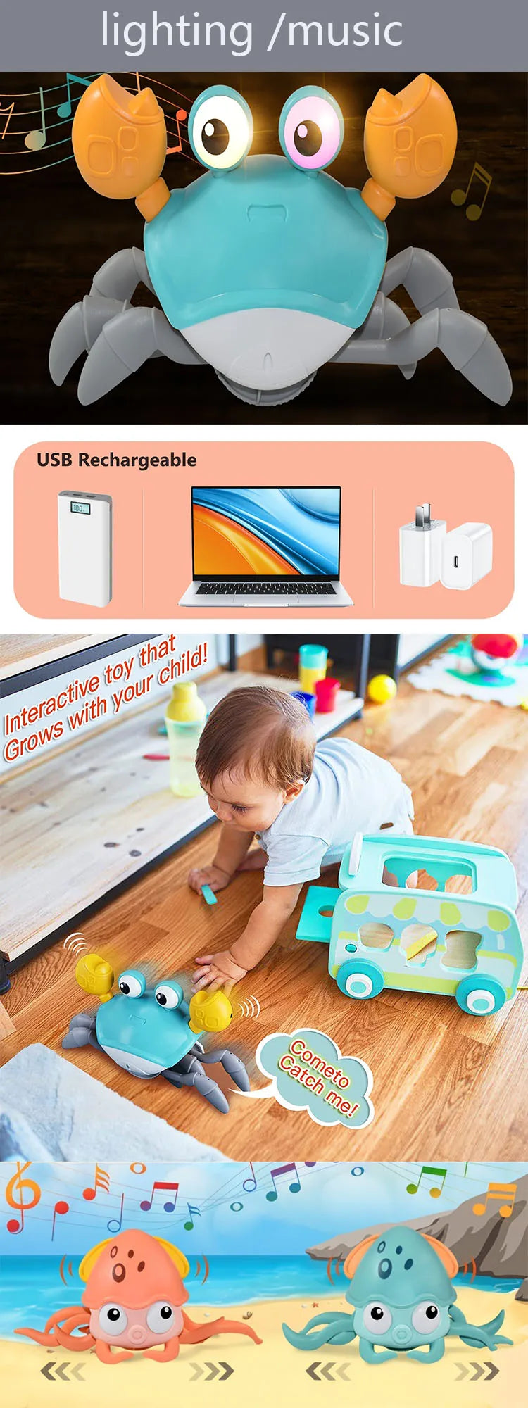 Kids Induction Escape Octopus Crab Crawling Toy Baby Electronic Pets Musical Toys Educational Christmas Gift Toddler Moving Toy