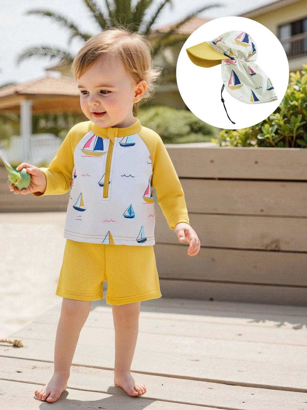 Boys Rash Guard Swimsuit Set with Shark Print Long Sleeve Zipper Tops Solid Shorts and Swim Hat 3 Pcs Outfits for Beach Fun