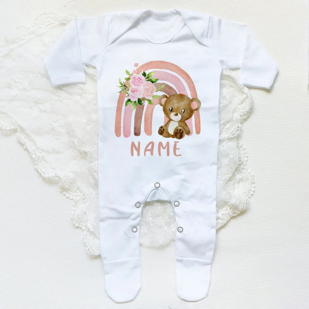 Personalised Forest Animal Rainbow Babygrow Sleepsuit Custom Name Infant Sleepsuit Baby Coming Home Outfit Newbron Shower Gift