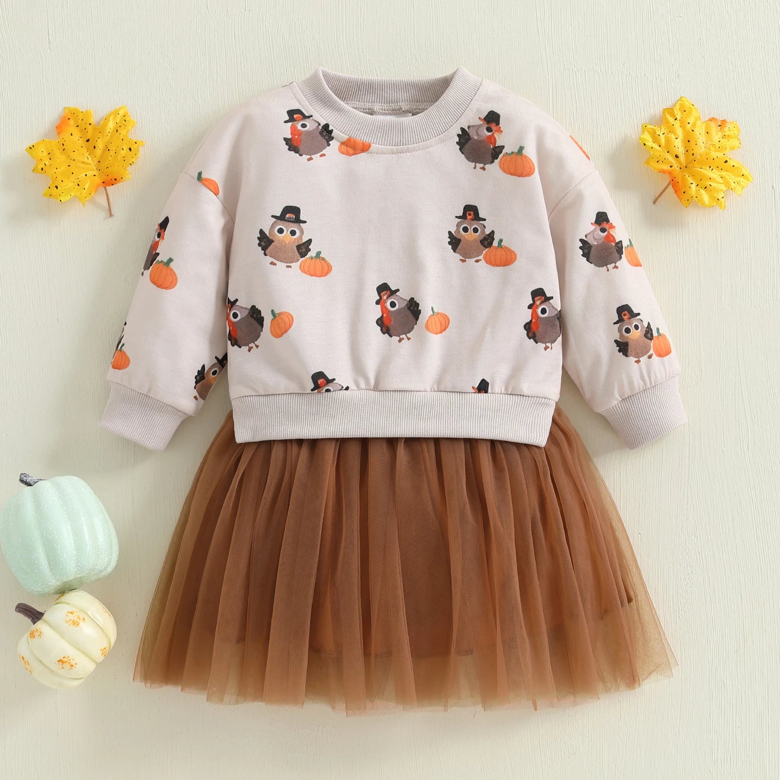 Toddler Girl Thanksgiving Tutu Dress Turkey Pumpkin Print Faux Two-Piece Crew Neck Long Sleeve Sweater Dress with Tulle