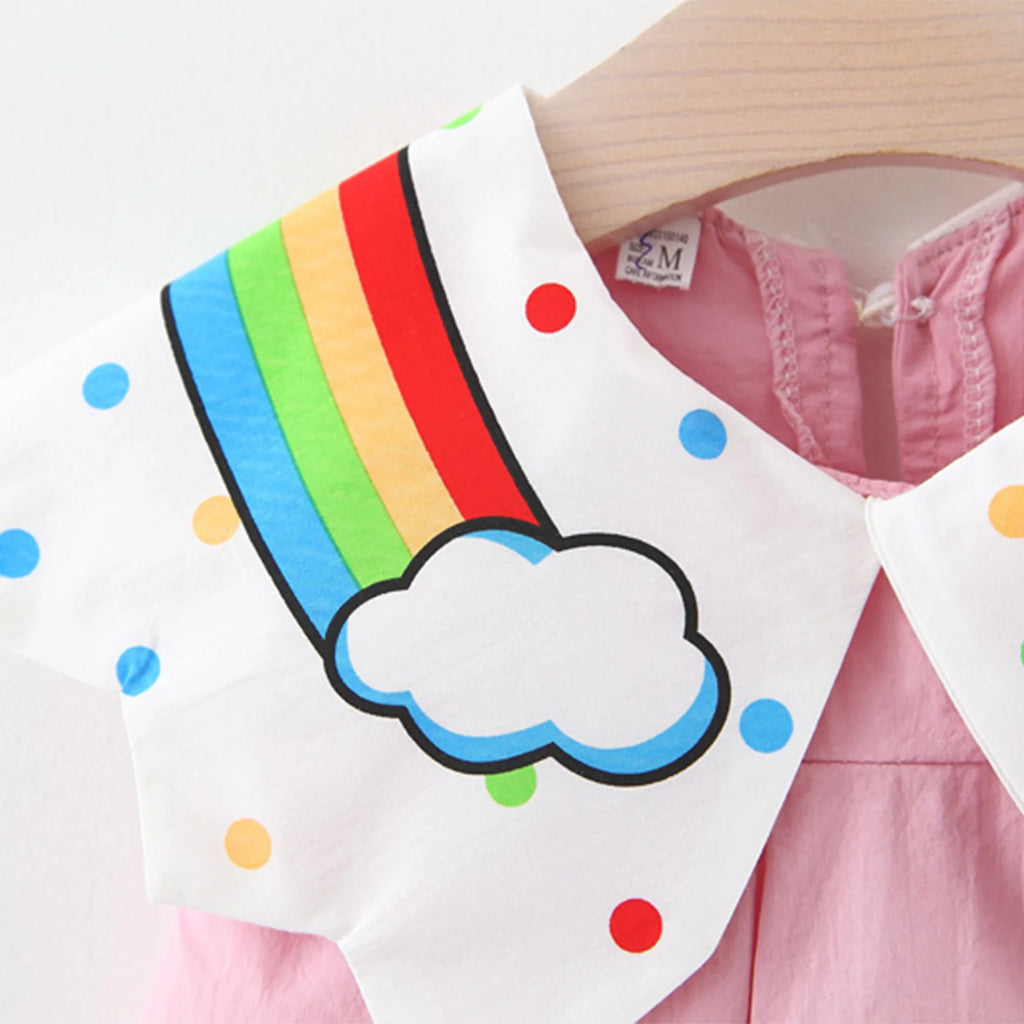 New Children's Clothing Summer Girls Rainbow Cloud Big Flip Collar Contrast Sleeveless Dress Korean Cartoon Dress