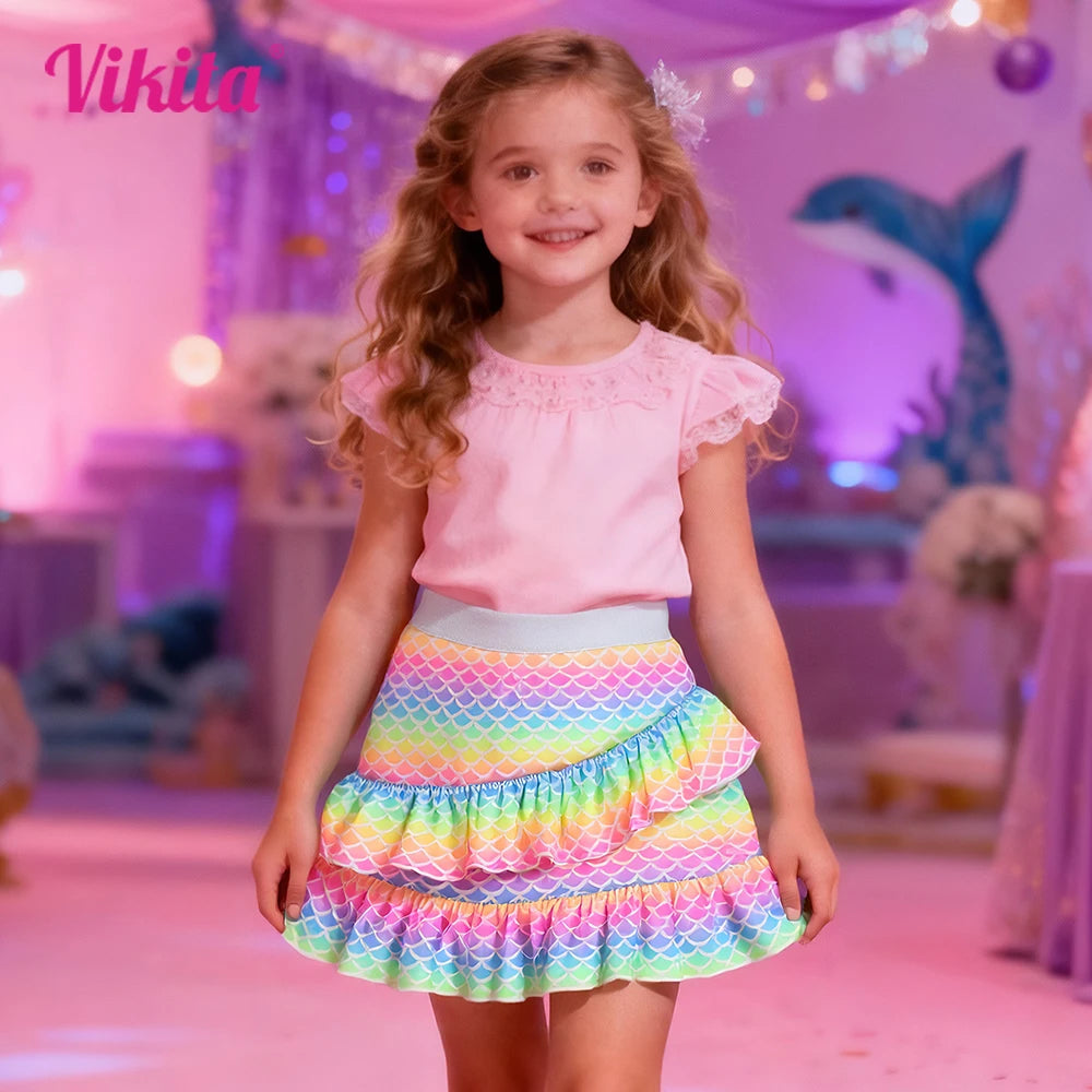 VIKITA Kids Rainbow Mermaid Tiered Ruffle Skirt Girls Cute Fashion Colorful Shiny Party Traval School Dance Princess Mini Skirts