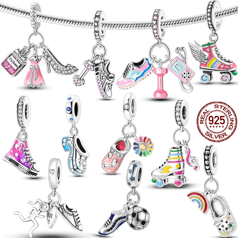 925 Sterling Silver Original Pink Ballet Shoes Charms Ballet Dancer Pendants For Women DIY Bead Fit Original Bracelet Necklace