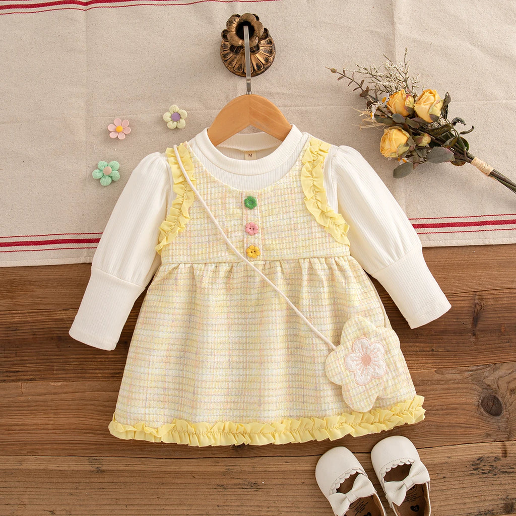 9 Monate bis 3 Jahre, Frühling und Herbst: Neues, schlichtes, gestreiftes Babykleidchen für Mädchen, weiß, langärmelig, mit Blumenmuster