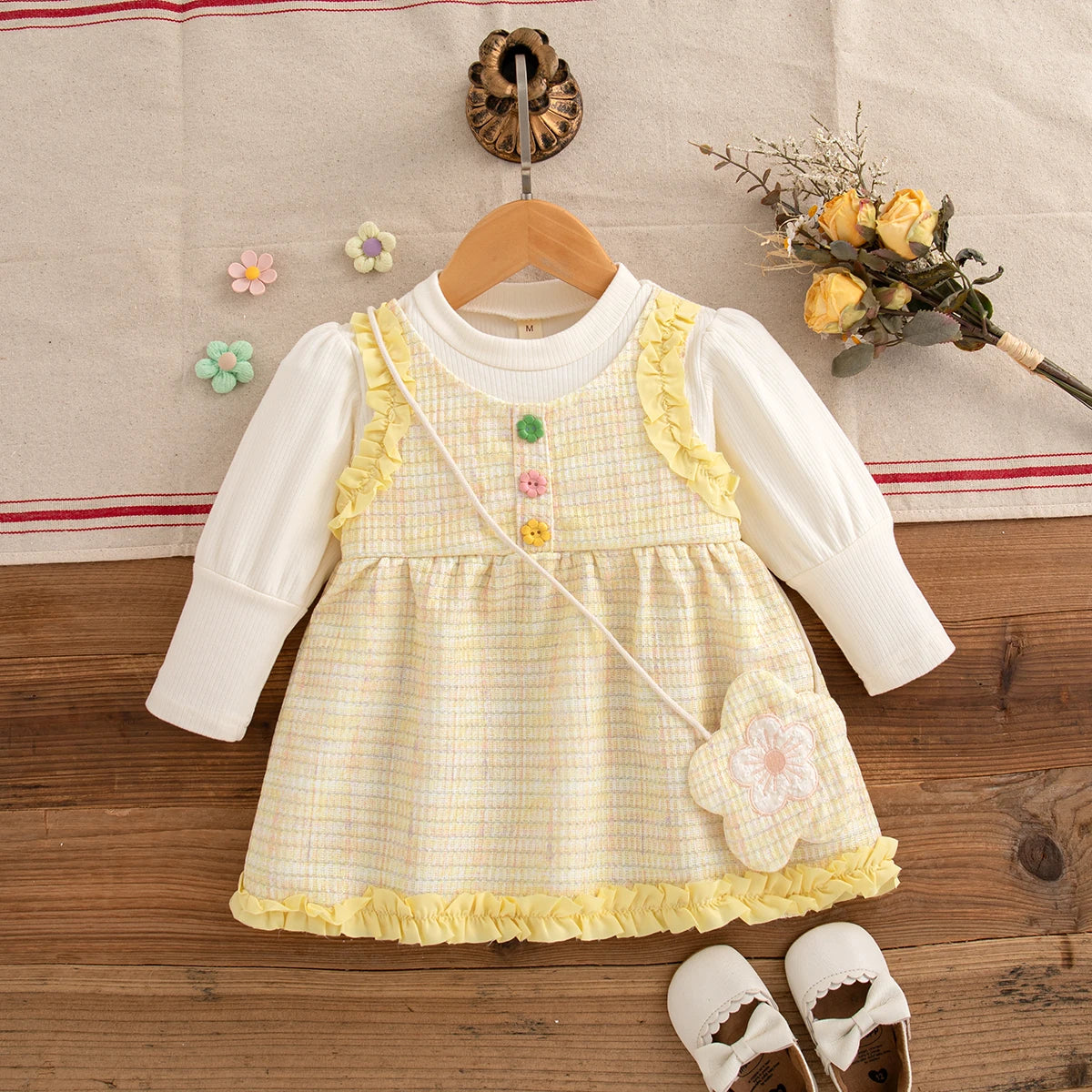 9 Months -3 Years Old Spring And Autumn New Simple Striped Baby Girl Dress, White Long Sleeved Children'S Clothing + Flower