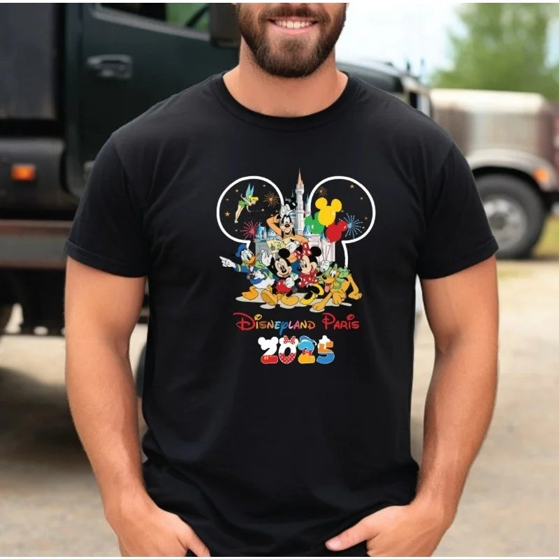 2025 Hot Disneyl and Paris T-Shirt Mickey Minnie Family Disney Bell Trip Gift Summer High Quality Tshirt