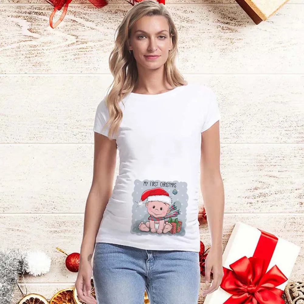 Best Gift 2025 Merry Christmas Maternity T-shirts It's My First Christmas Funny Print Pregnancy Anouncement Tops Tee Shirts
