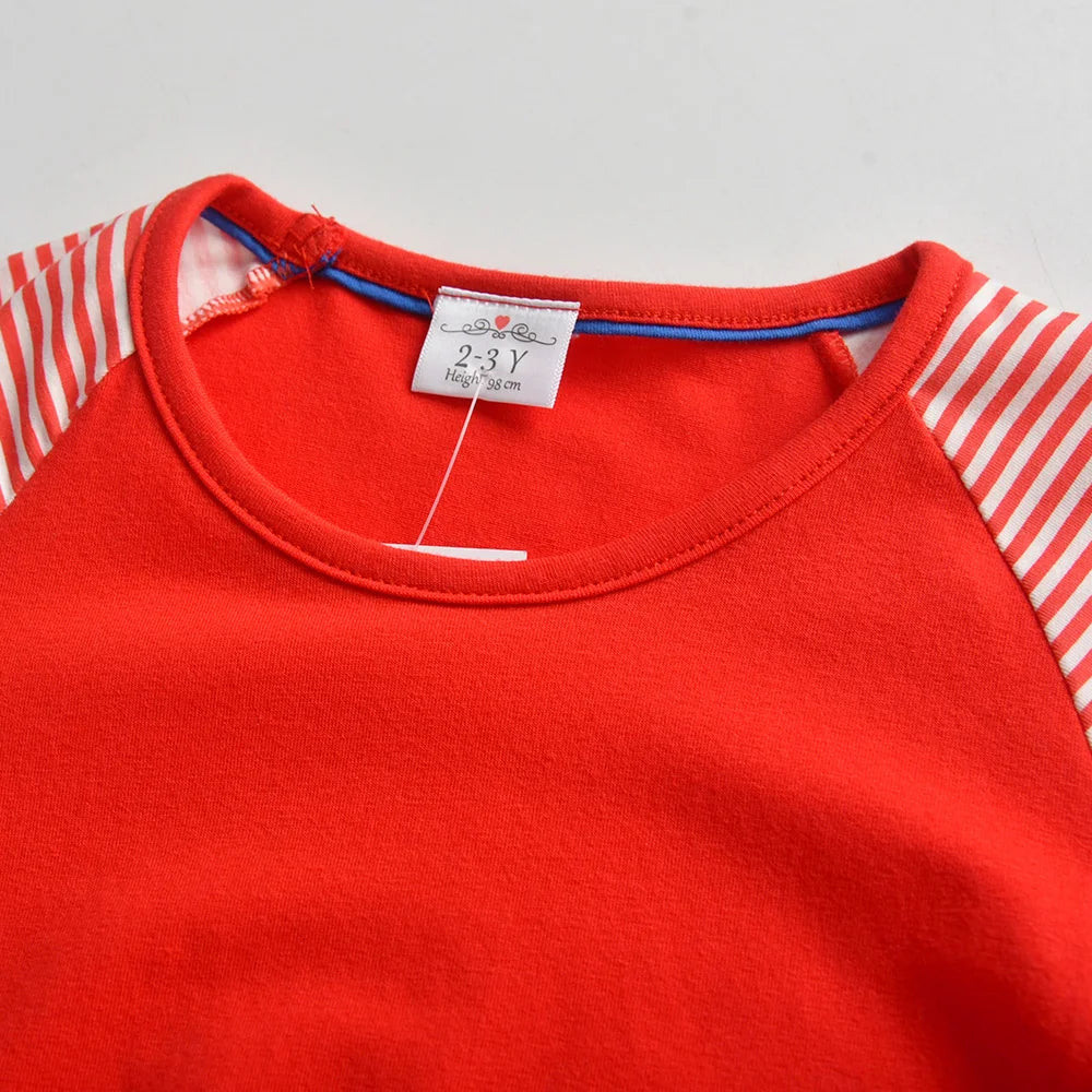 VIKITA Children Cotton Casual Daily School Straight Dress Kids Licorne Cartoon Appliqued Red Striped Long Sleeve Dresses 3-5 Yrs