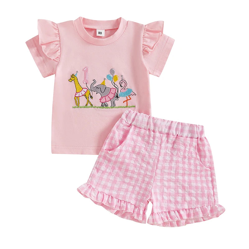 Toddler Girl Cute Unicorn Printed Short Sleeve T-Shirt and Denim Shorts 2-Piece Summer Outfit Set for 1st Birthday Party