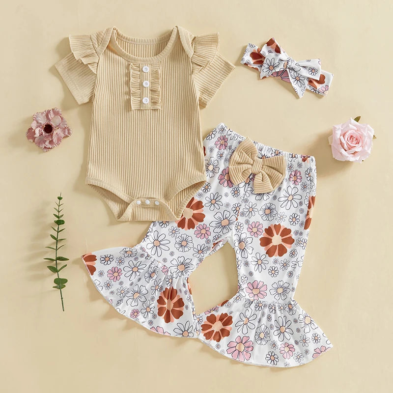 Toddler Girls 3 Piece Outfit Set Ruffle Sleeve Bodysuit Floral Bell Bottom Pants Headband Set for Baby Girl
