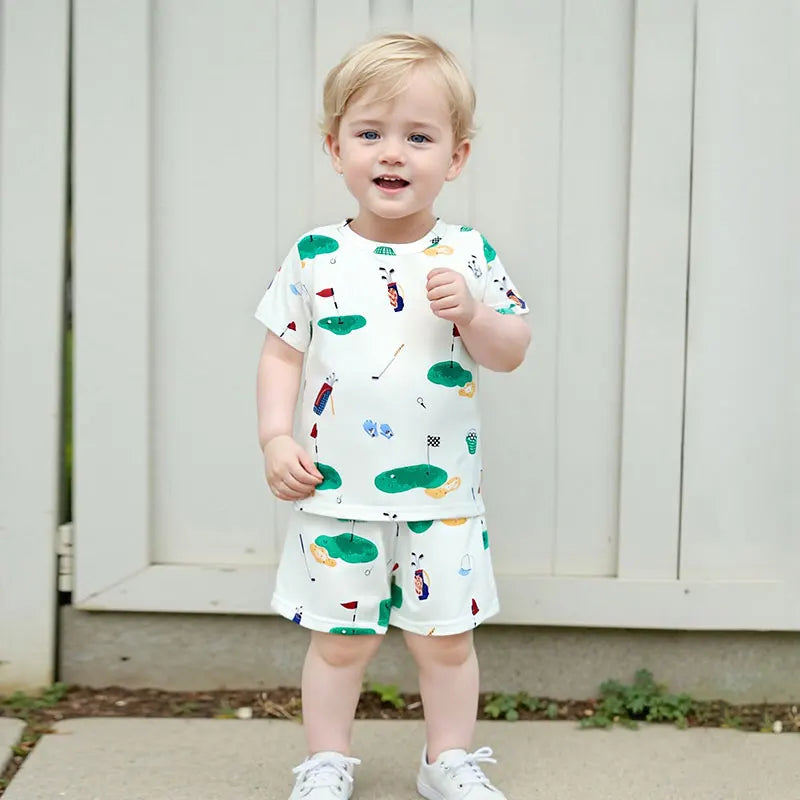 Infant Summer Outfit Set Short Sleeve Round Neck Dinosaur Print T-Shirt and Shorts Baby Boy 2 Piece Clothing Set for Toddler