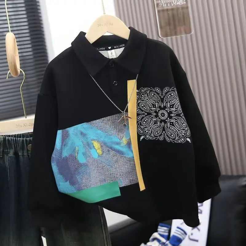 Boys' Medium-Large 2025 New Spring/Autumn No Hood Street-Style Casual Polo Collar Layering Top Trendy Kids Sweatshirt