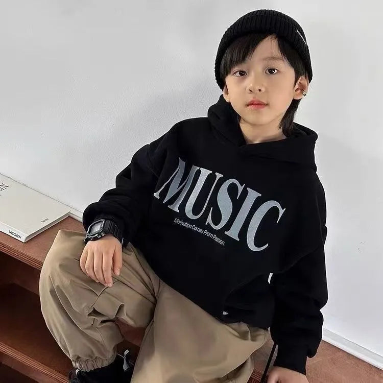 2025 New Boys' Kids' Autumn Winter Printed Fleece-Lined Thickened Hooded Hoodie - Stylish Trendy Top