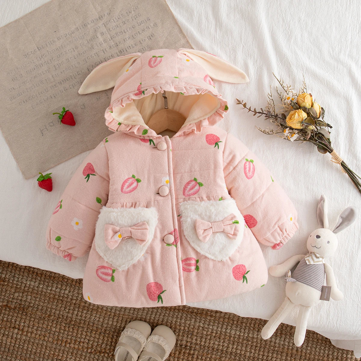Winter New Sweet Strawberry Baby Girl Coat, Thick And Warm Cute Hat, Children'S Long Sleeved Clothes (9 Months -3 Years Old)