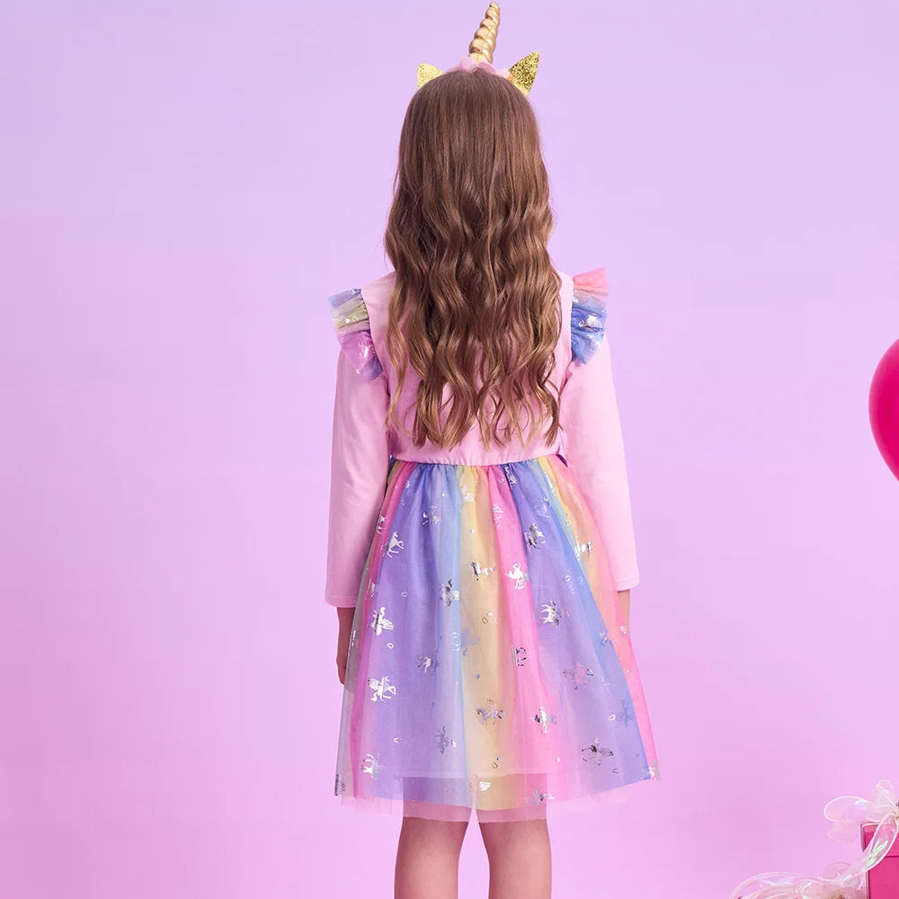 VIKITA Kids Colorful Rainbow Dress Girls Licorne Cartoon Autumn Spring Birthday Party Princess Casual Flare Sleeve Dress 3-12 Y