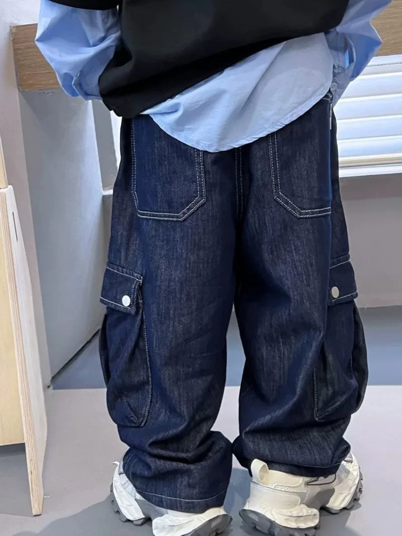 2025 New Boys' Solid Color Jeans - Loose Fit Straight Leg Kids' Long Pants with Pockets, Trendy & Stylish Denim for Active Boys