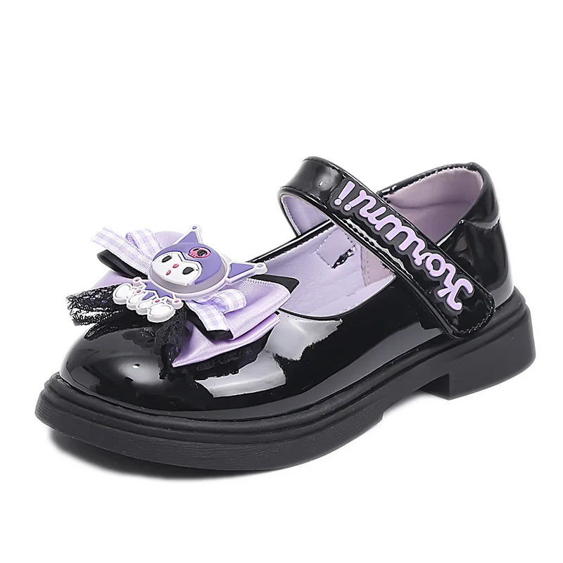 Kids'Sandals Kuromi PU Leather Bow Flat Spring Shoes For Girls Anti-slip Soft Thick Bottom White Black Shoes Size 26-36