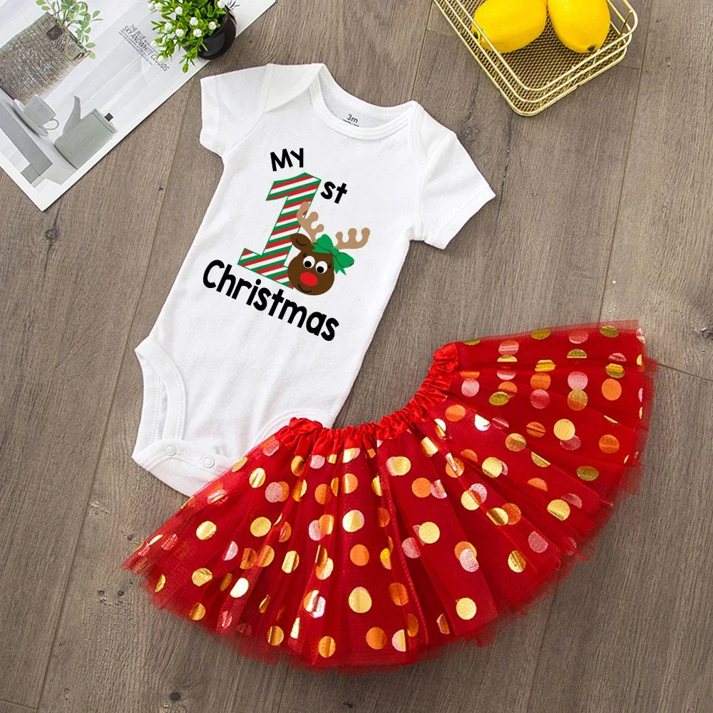 My First Christmas Newborn Girl Red Romper Jumpsuit Baby Girl Casual Short Sleeve Toddler Cake Dresses Christmas Best Gifts