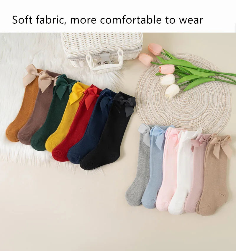 3Pairs/Lot Baby Toddlers Socks Autumn Spring Children Kids Girls Knee High Long Sock Cotton Big Bow Spanish Style Princess Socks