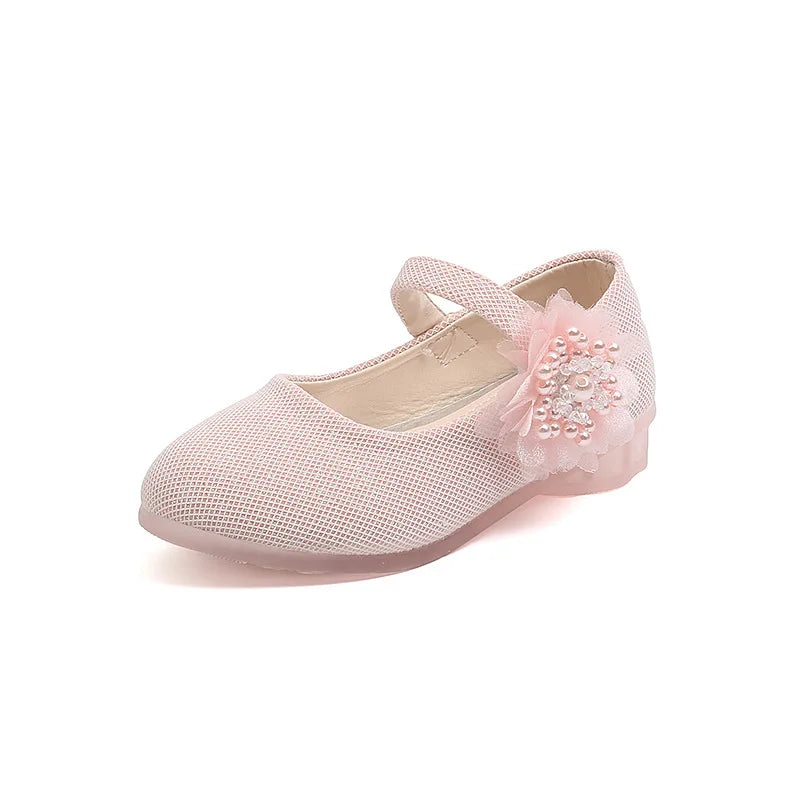 Korean Style Fashion Kids Beaded Little Flowers Leather Shoes Girls Princess Shoes Children Crystal Soft Bottom Dancing Shoes