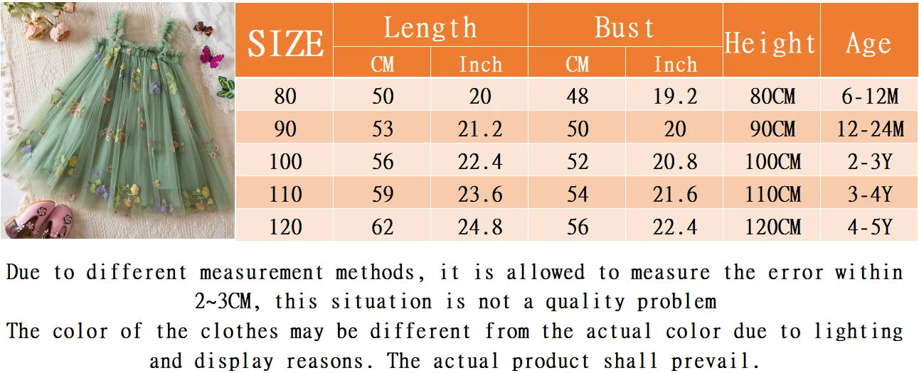 Summer New Green Chiffon Baby Girl Princess Dress, Sweet Flower Embroidery Children'S Sling Clothes For Babies Aged 0-5 Years