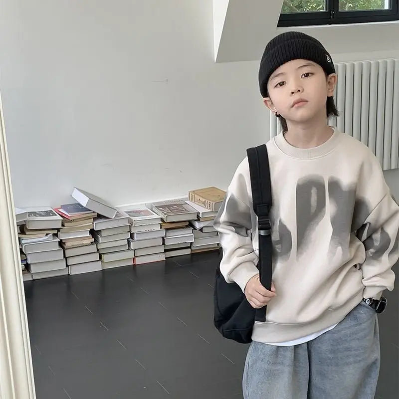 Boys' Medium To Large 2025 New Arrival No Hood Crewneck Spring/Autumn Trendy Street Style Kids Sweatshirt
