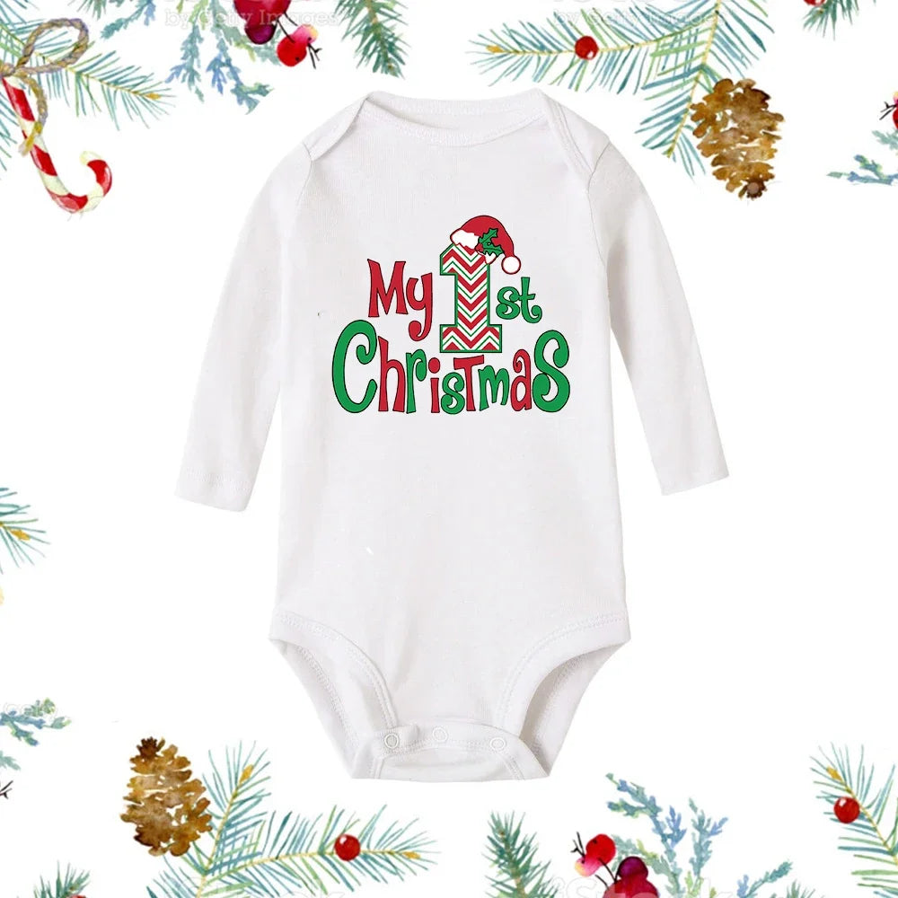 My First Christmas Newborn Baby White Long Sleeve Romper Cartoon Snowman Print Outfit Infant Baptism Bodysuit Clothes Xmas Gift