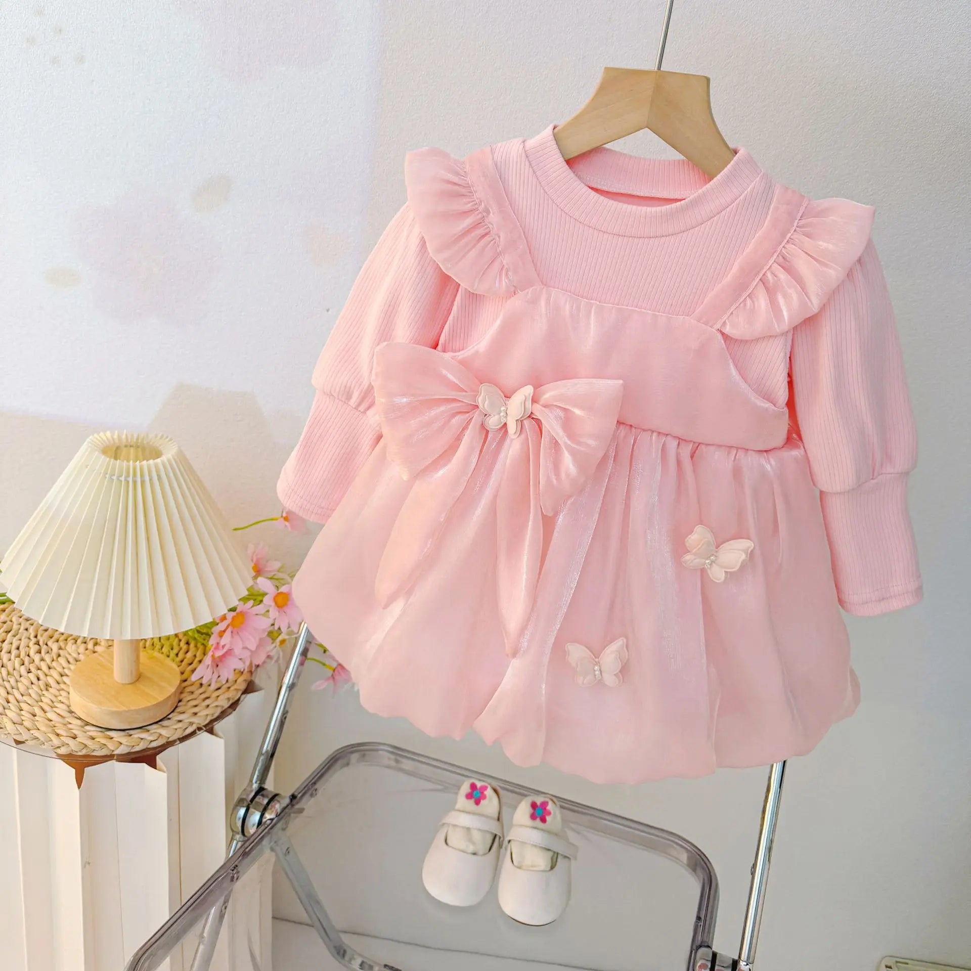 Sweet Bow Baby Girl Princess Dress, Spring And Autumn New Fake Two-Piece Long Sleeved Children'S Clothing For Babies Aged 0-3