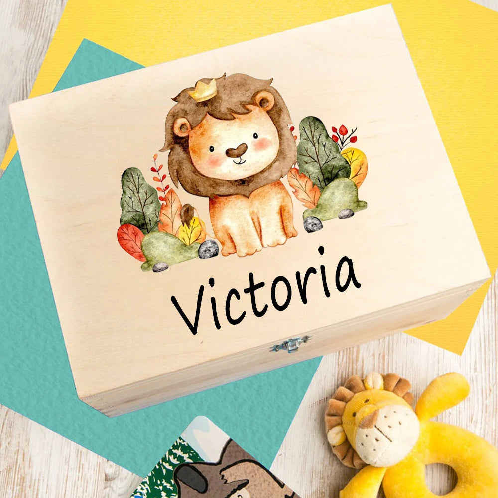 Personalized Baby Wood Box Cute Animal Print Toddler Memory Box Custom Name Infant Keepsake Box Newbron Shower Gift Kids Present