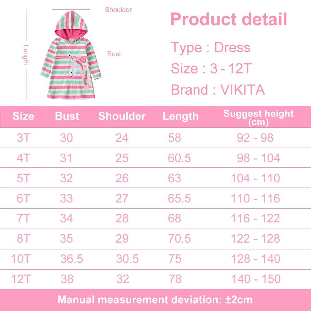 VIKITA Girls Hooded Dress Kids Licorne Appliqued Striped Dresses Girls Autumn Spring Long Sleeve Cotton Casual Straight Dress