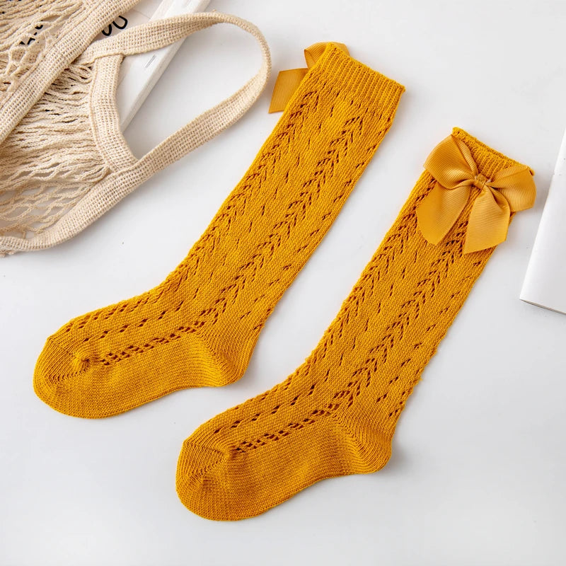 1 Pairs Summer Bow Baby Girls Socks Toddler Long Sock Infant Knee High Cotton Mesh Spanish Style Breathable Socks For 0-8Years