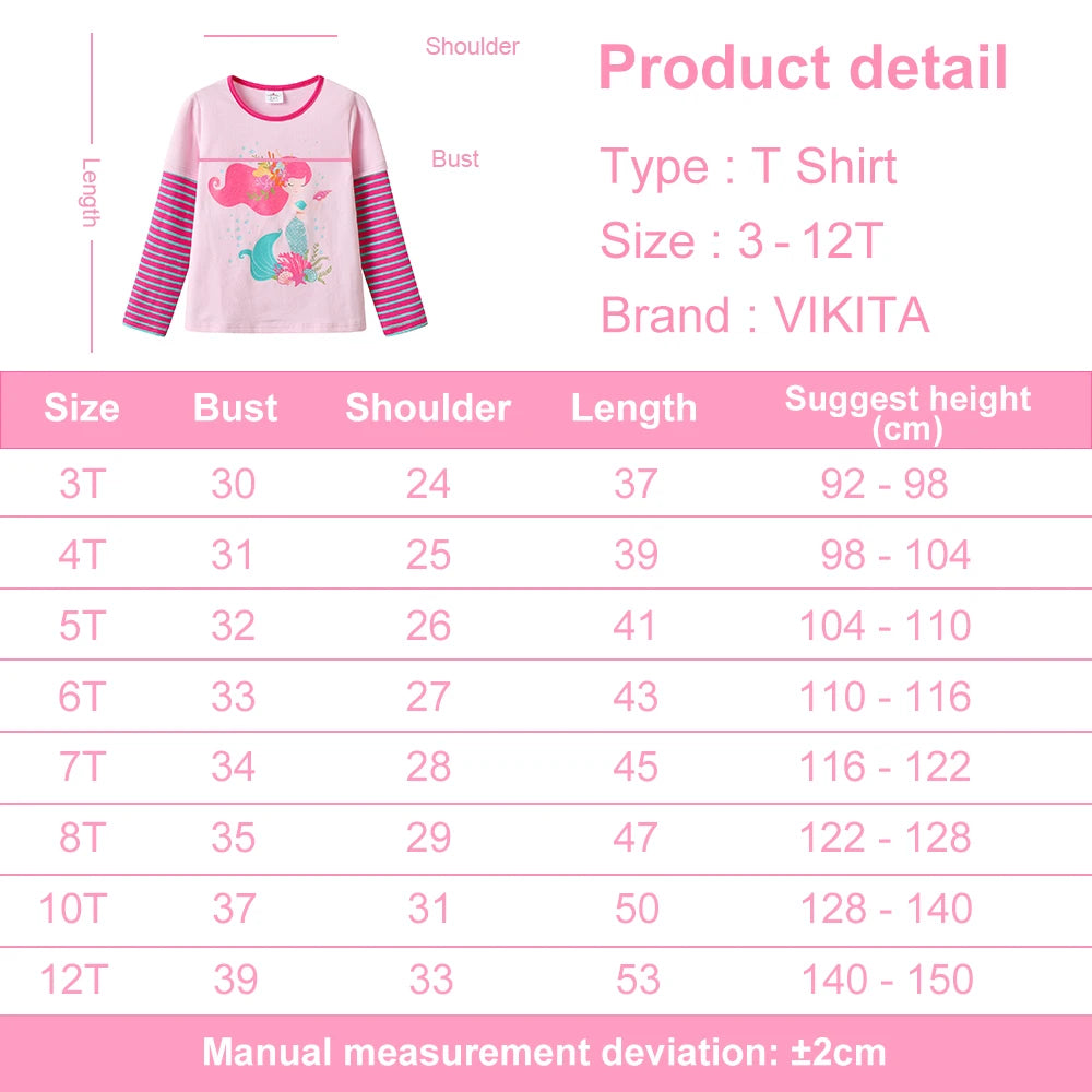 VIKITA 2025 New Children Clothes Kids Striped Pink Long Sleeve Tops Wear Girls Mermaid Print Daily Cotton Casual Cute Tees