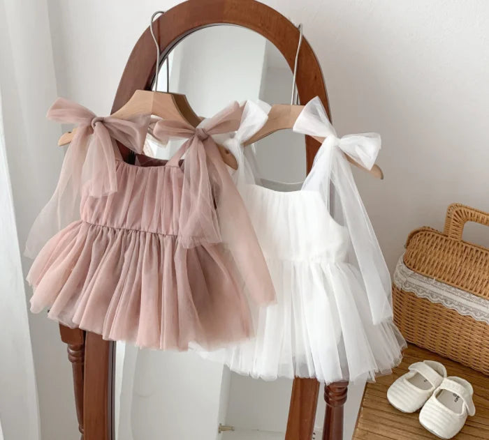 2025 Summer Baby Clothes 100 Day Baptism Birthday Party Sleeveless jumpsuit Mesh Bow Romper Girl Princess Dress