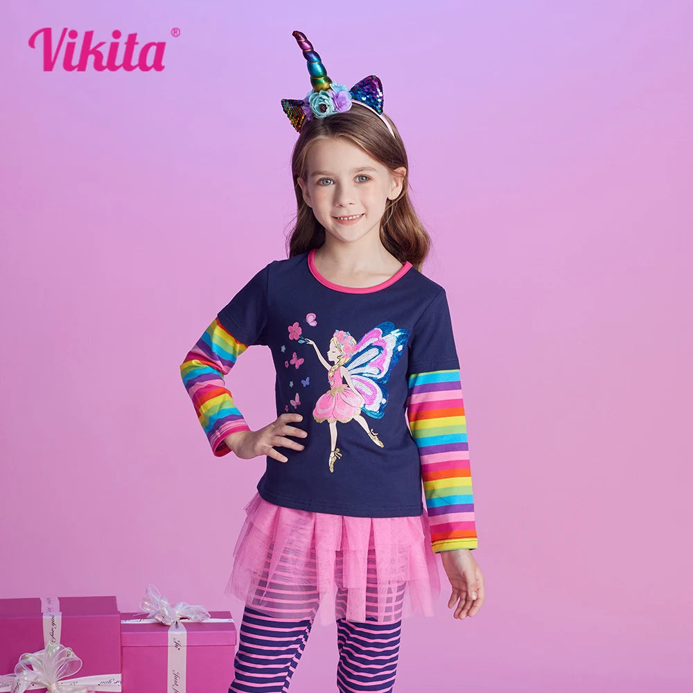 VIKITA Girls Long Sleeve T Shirt Kids Fairy Elf Sequined Appliqued Cotton Casual Tops Girls Striped O Neck Tees Children Clothes