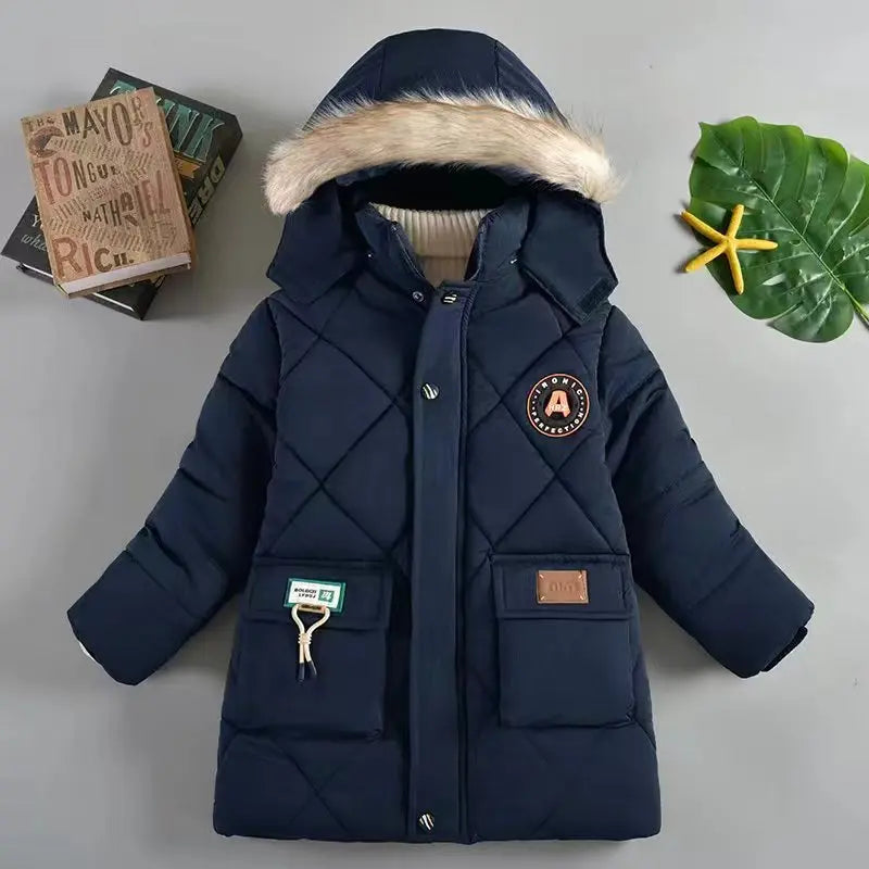 New Winter Boys Jacket Long Style Letter Print Thick Warm Hooded Coat Fur Collar Down Cotton Outerwear For 4-10 Years Kids