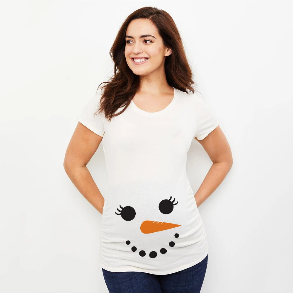Christmas Pregnant Women T-shirt Snowman Cartoon Printed T Shirt Pregnancy Announcement Clothes Maternity White Short Sleeve Top