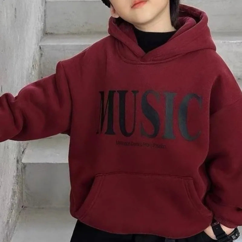 2025 New Boys' Kids' Autumn Winter Printed Fleece-Lined Thickened Hooded Hoodie - Stylish Trendy Top