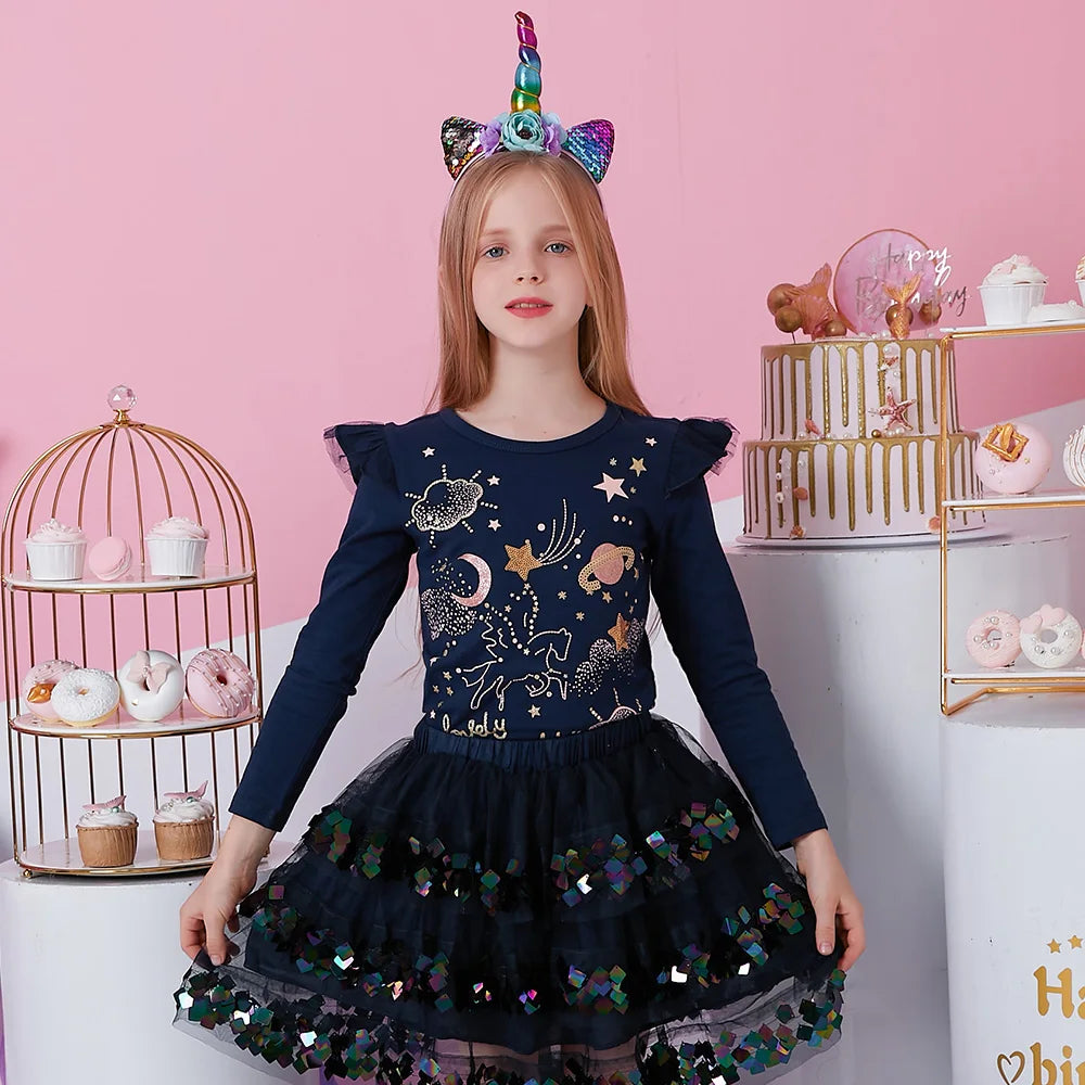 VIKITA Girls Cartoon Sequined Appliqued T Shirts Kids Long Sleeve Autumn Spring Cotton T Shirts Kids Casual Wear Tops and Tees