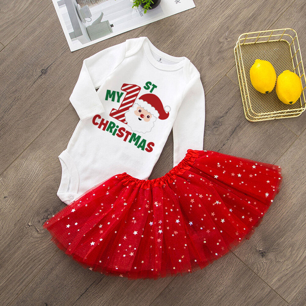 My 1St Christmas Baby Bodysuit Cake Dresses Set Infant Girls Long Sleeve Playsuit Tutu Skirts Clothes Toddler Xmas Party Outfits
