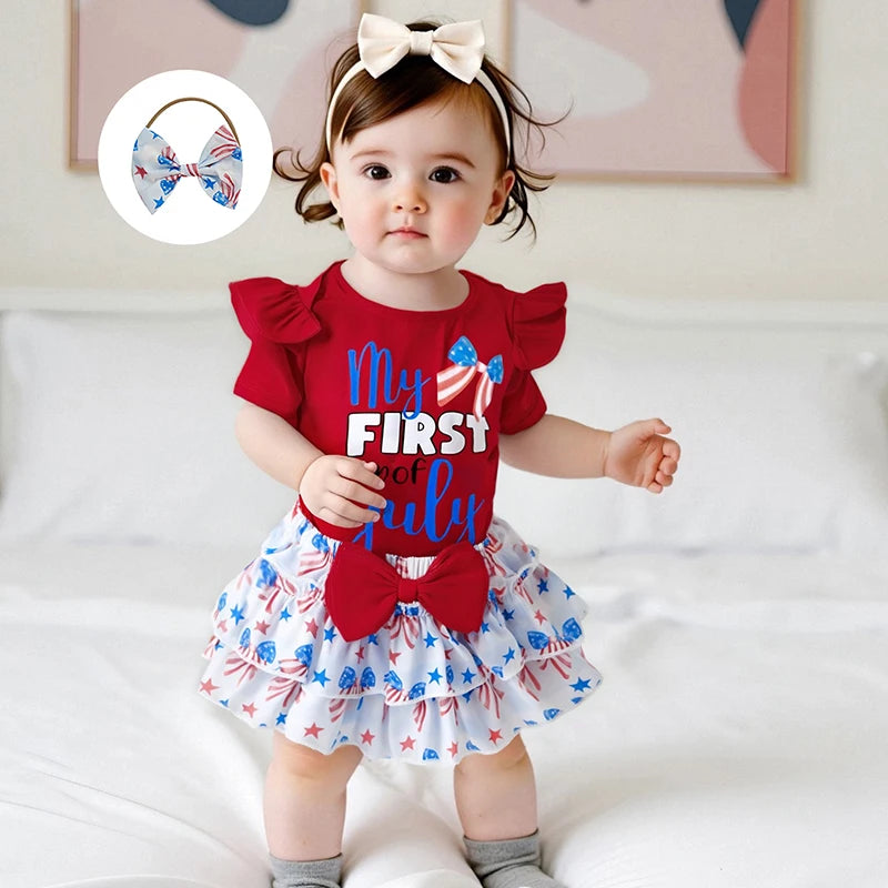 American Flag Print Sleeveless Romper Striped Ruffled Shorts Bow Headband Set for Baby Girl s Independence Day Outfit