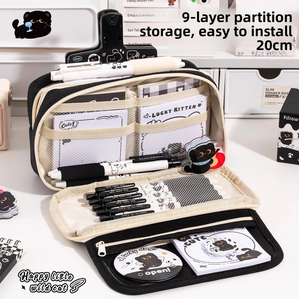 Black Kitten Stationery Set - Cute Cat School Supplies for Students, Aesthetic Pen & Pouch Back-to-School Kit