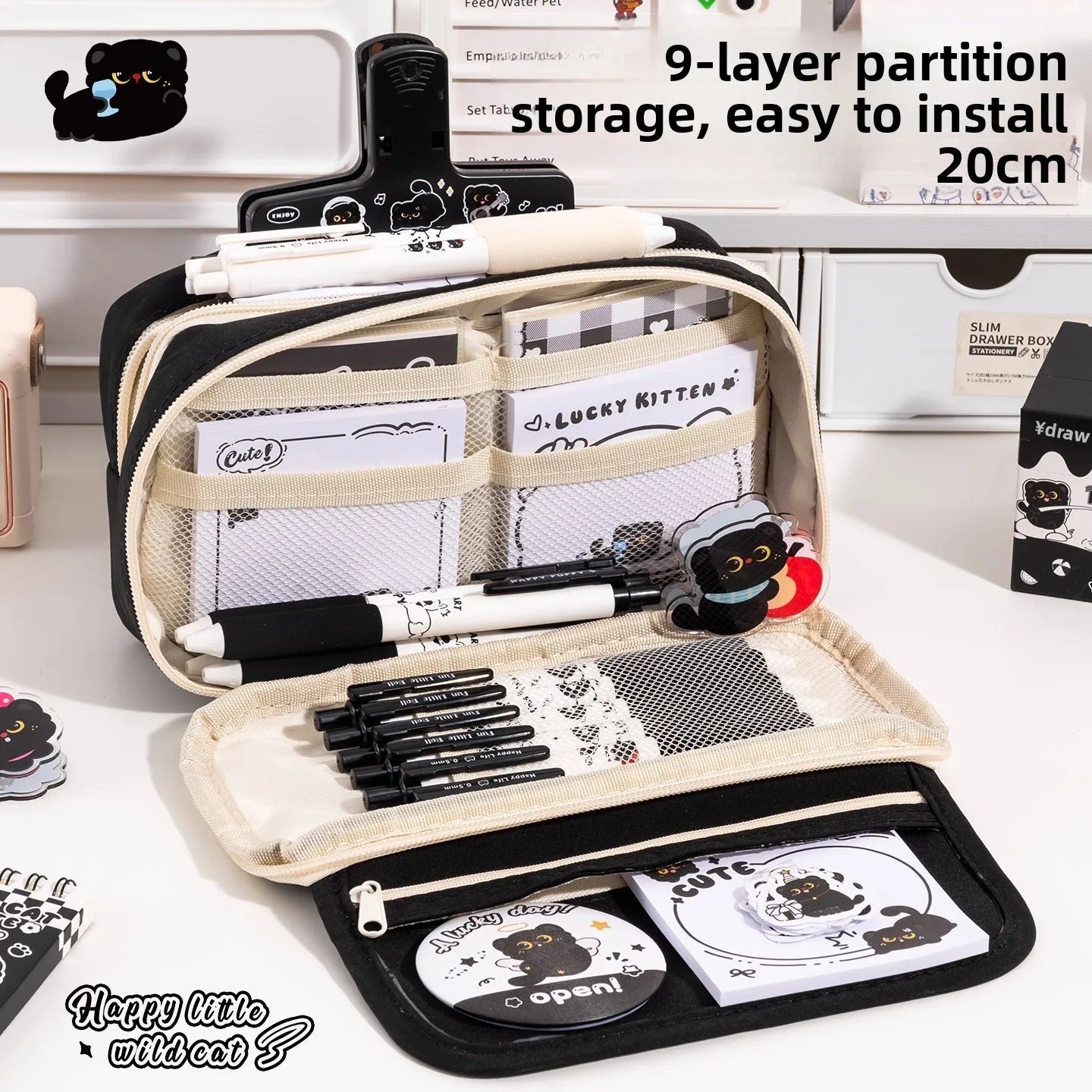 Black Kitten Stationery Set - Cute Cat School Supplies for Students, Aesthetic Pen & Pouch Back-to-School Kit