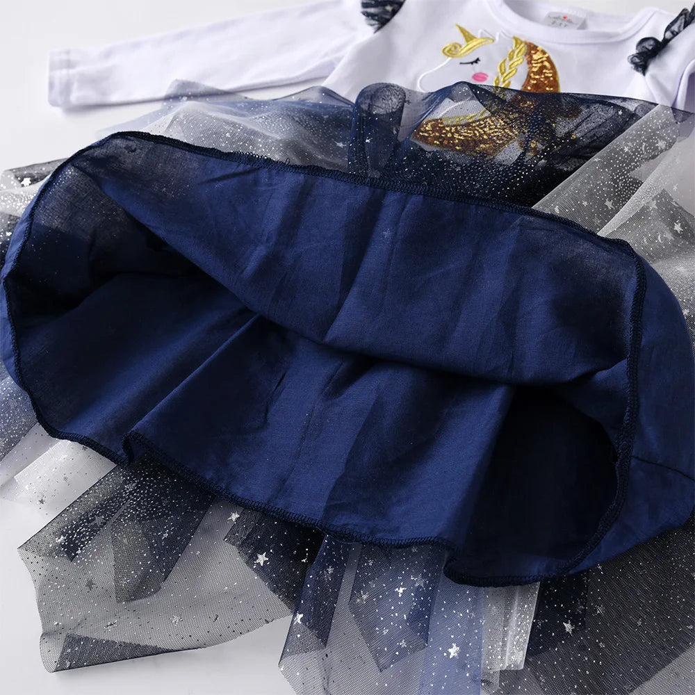 VIKITA Kids Licorne Sequins Appliqued Dress Girls Flare Sleeve Autumn Spring Patchwork Shiny Irregular Tutu Princess Dresses