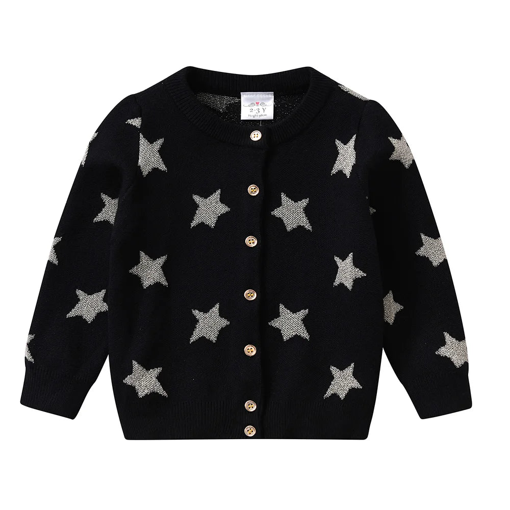 VIKITA Toddlers Silver Star Cardigans Kids Round Neck Button Sparkly Casual Daily School Street Cool Black Sweaters Outfits