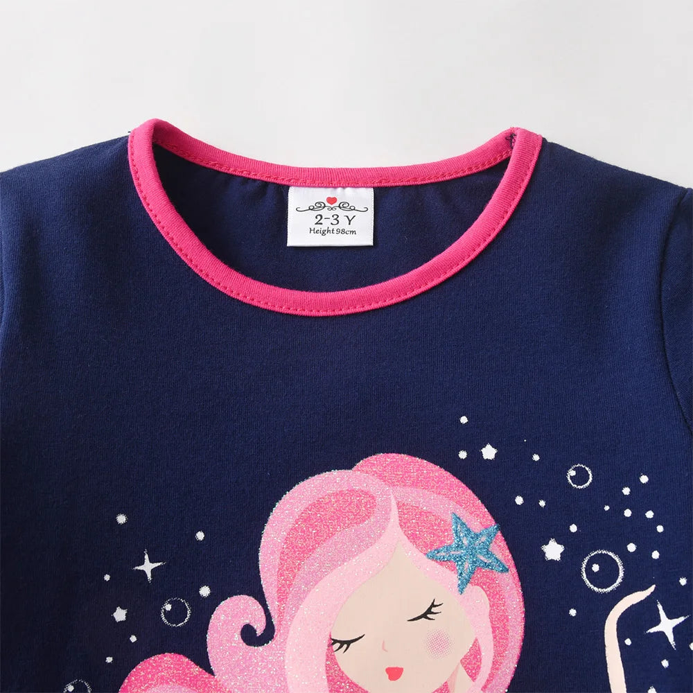 VIKITA Girls Long Sleeve Cotton Casual Tops and Tees Toddlers Mermaid Cartoon Print Navy Blue Spring Autumn Daily Cute Clothes